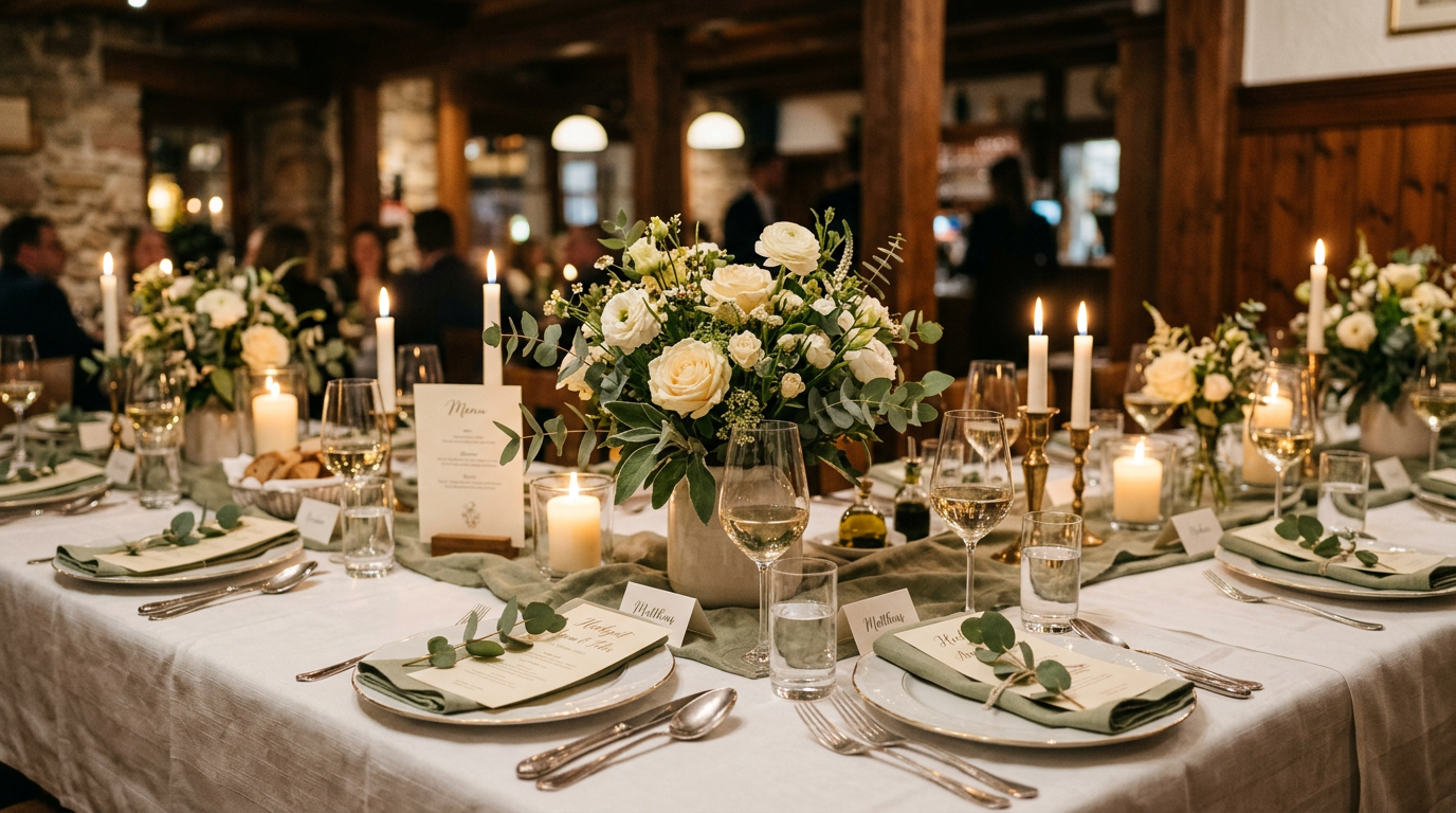 Festlich gedeckter Tisch für eine Hochzeitsfeier